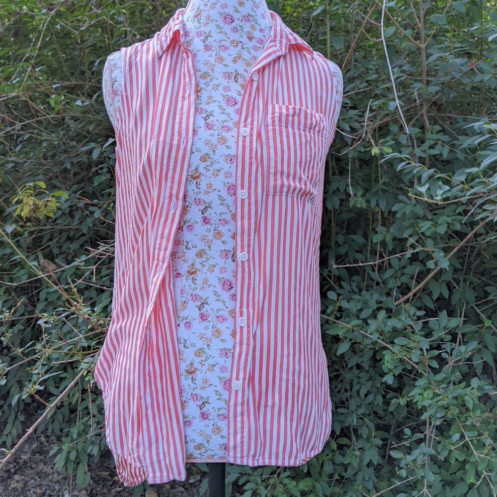 Red + White Striped Button Up Sleeveless Blouse